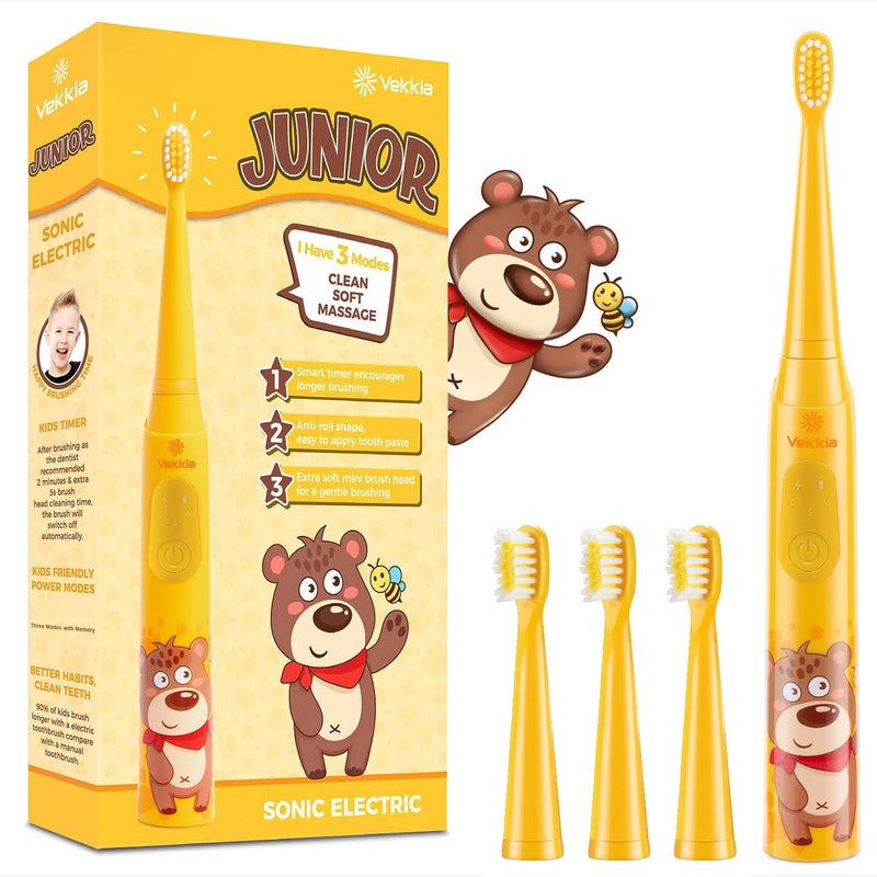 Vekkia Sonic Rechargeable Kids Electric Toothbrush, 3 Modes with Memory, Fun & Easy Cleaning, 24000 Strokes, IPX7 Waterproof, 2-Min Timer for Age 5+, 4 Soft Bristles(Yellow) - Image 1
